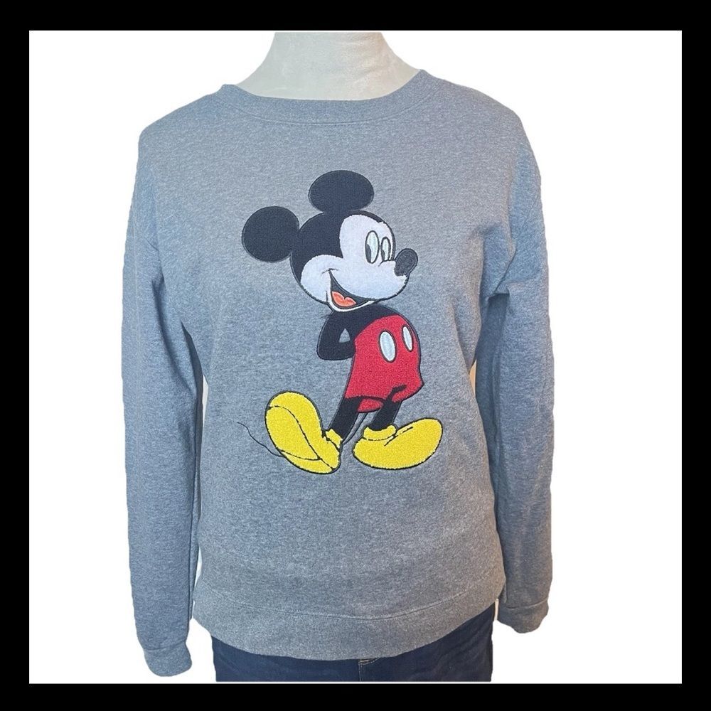 Disney Mickey Mouse Chenille Embroidered Gray Sweatshirt Long Sleeves Small